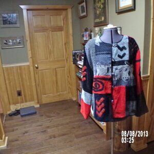 Vtg Allure sweater jac art to wear lined patchwork aztec red black xl